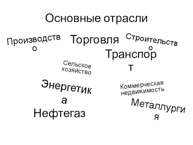 Основные отрасли Производство Торговля Строительство Сельское хозяйство Транспорт Энергетика Коммерческая недвижимость Металлургия Нефтегаз