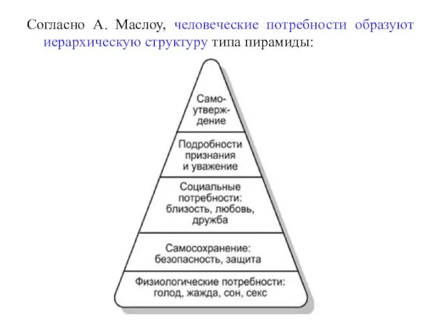 Согласно А. Маслоу, человеческие потребности образуют иерархическую структуру типа пирамиды: