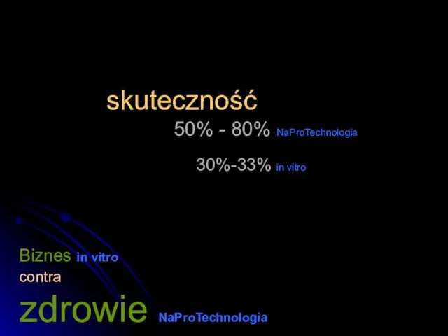 Biznes in vitro contra zdrowie NaProTechnologia skuteczność 50% - 80% NaProTechnologia 30%-33% in vitro