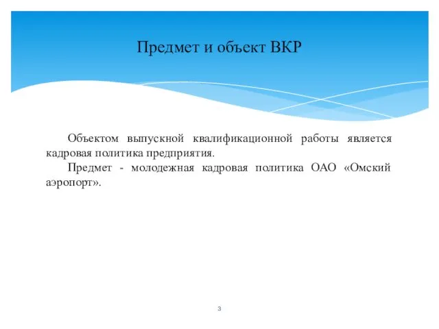 Объектом выпускной квалификационной работы является кадровая политика предприятия. Предмет - молодежная