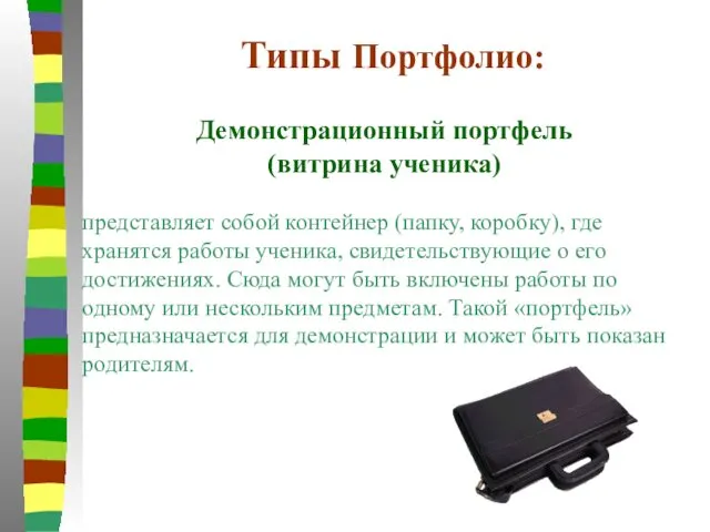 Типы Портфолио: Демонстрационный портфель (витрина ученика) представляет собой контейнер (папку, коробку),