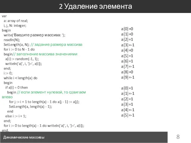 2 Удаление элемента Динамические массивы var a: array of real; i,