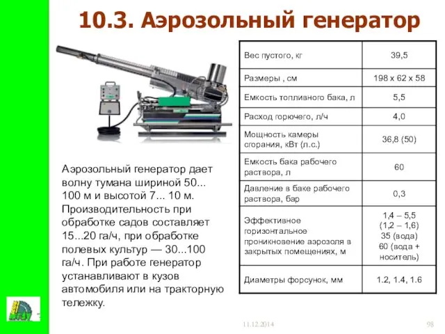 11.12.2014 10.3. Аэрозольный генератор Аэрозольный генератор дает волну тумана шириной 50...