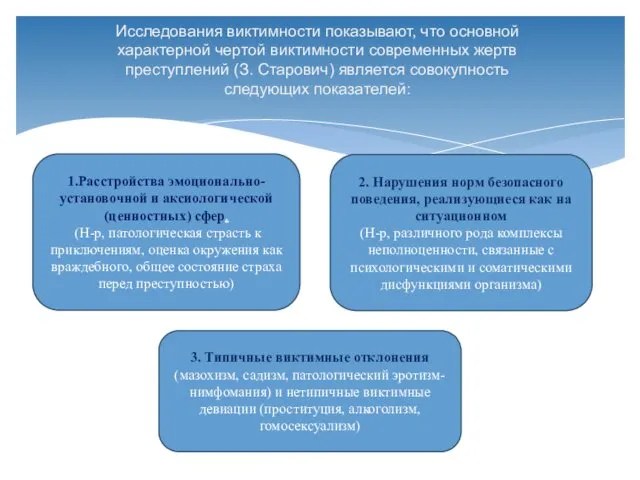 Исследования виктимности показывают, что основной характерной чертой виктимности современных жертв преступлений