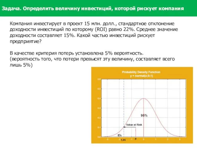 Задача. Определить величину инвестиций, которой рискует компания Компания инвестирует в проект