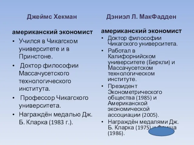 Джеймс Хекман американский экономист Учился в Чикагском университете и в Принстоне.