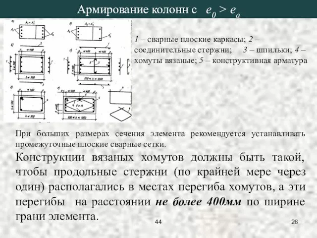 Армирование колонн с e0 > ea 1 – сварные плоские каркасы;