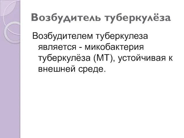 Возбудитель туберкулёза Возбудителем туберкулеза является - микобактерия туберкулёза (МТ), устойчивая к внешней среде.