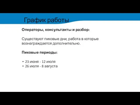 График работы Операторы, консультанты и разбор: Существуют пиковые дни, работа в