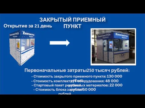 ЗАКРЫТЫЙ ПРИЕМНЫЙ ПУНКТ Первоначальные затраты250 тысяч рублей: - Стоимость закрытого приемного