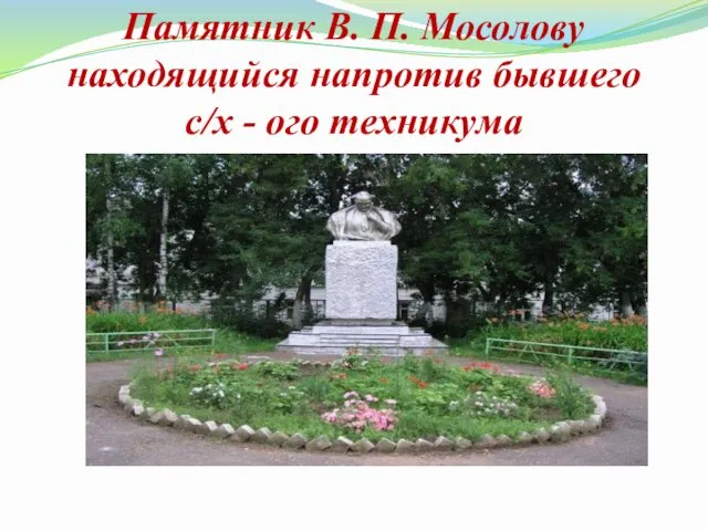 Памятник В. П. Мосолову находящийся напротив бывшего с/х - ого техникума