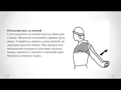 Отведение рук за спиной. Стоя соедините за спиной пальцы обеих рук