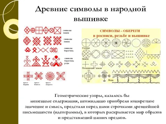 Древние символы в народной вышивке Геометрические узоры, казалось бы лишенные содержания,