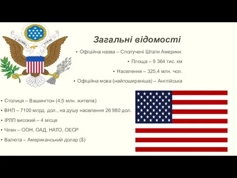 Загальні відомості Офіційна назва – Сполучені Штати Америки. Площа – 9