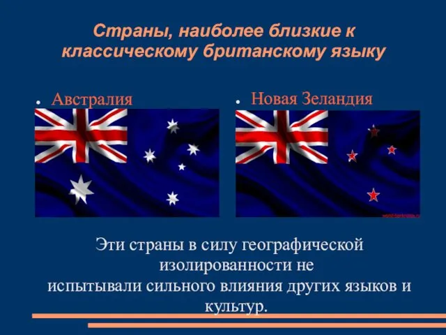 Страны, наиболее близкие к классическому британскому языку Австралия Новая Зеландия Эти