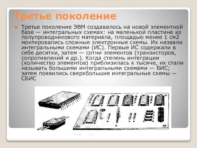 Третье поколение Третье поколение ЭВМ создавалось на новой элементной базе —