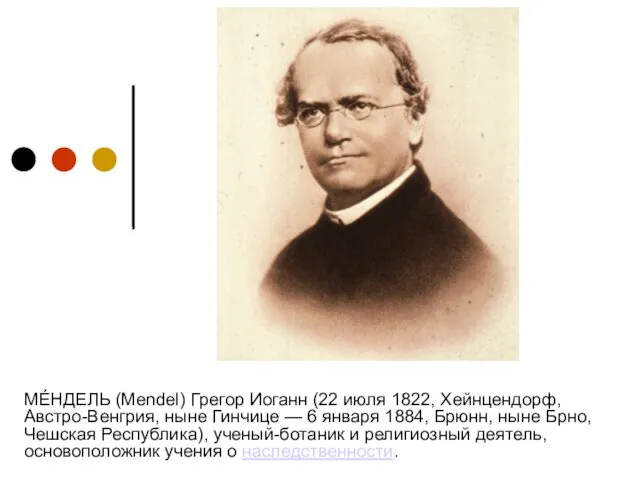 МЕ́НДЕЛЬ (Mendel) Грегор Иоганн (22 июля 1822, Xейнцендорф, Австро-Венгрия, ныне Гинчице