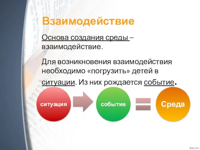 Взаимодействие Основа создания среды – взаимодействие. Для возникновения взаимодействия необходимо «погрузить»