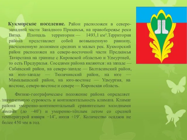 Кукморское поселение. Район расположен в северо-западной части Западного Прикамья, на правобережье