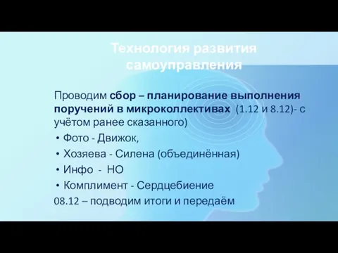 Технология развития самоуправления Проводим сбор – планирование выполнения поручений в микроколлективах