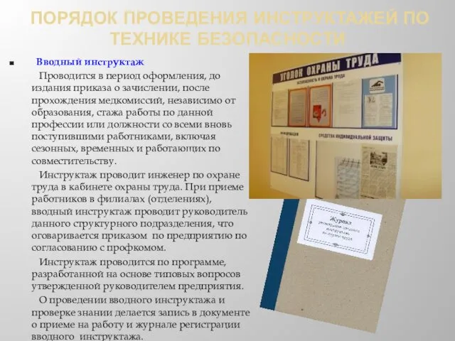 ПОРЯДОК ПРОВЕДЕНИЯ ИНСТРУКТАЖЕЙ ПО ТЕХНИКЕ БЕЗОПАСНОСТИ Вводный инструктаж Проводится в период