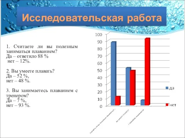 Исследовательская работа Исследовательская работа 1. Считаете ли вы полезным заниматься плаванием?