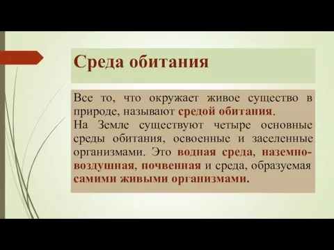 Среда обитания Все то, что окружает живое существо в природе, называют