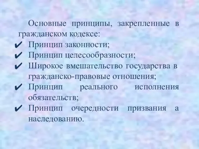 Основные принципы, закрепленные в гражданском кодексе: Принцип законности; Принцип целесообразности; Широкое