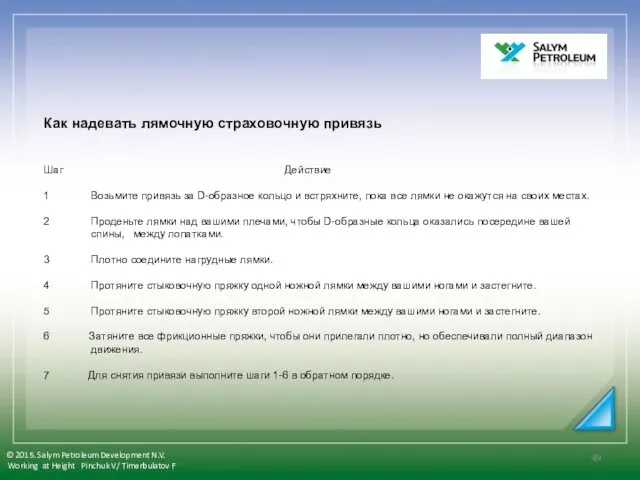 Как надевать лямочную страховочную привязь Шаг Действие 1 Возьмите привязь за