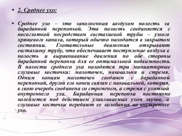 2. Среднее ухо: Среднее ухо – это заполненная воздухом полость за