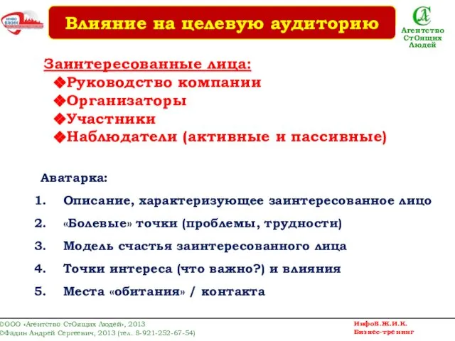 Заинтересованные лица: Руководство компании Организаторы Участники Наблюдатели (активные и пассивные) Аватарка: