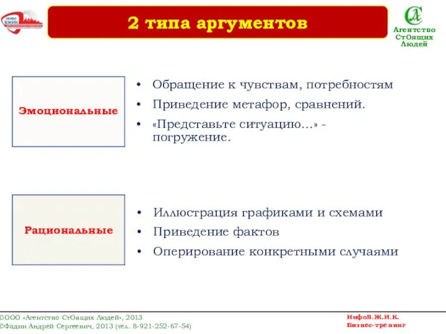 Эмоциональные Рациональные Обращение к чувствам, потребностям Приведение метафор, сравнений. «Представьте ситуацию…»