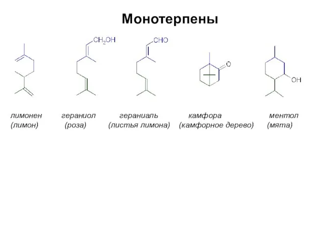 Монотерпены лимонен гераниол гераниаль камфора ментол (лимон) (роза) (листья лимона) (камфорное дерево) (мята)