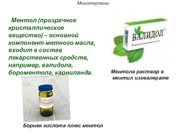 Монотерпены Ментол (прозрачное кристаллическое вещество) – основной компонент мятного масла, входит