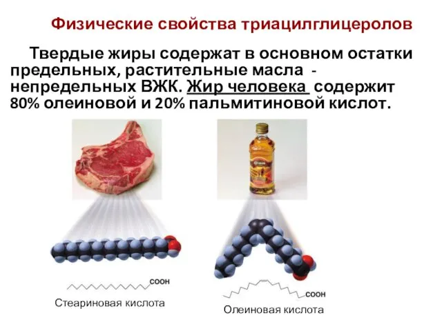 Твердые жиры содержат в основном остатки предельных, растительные масла - непредельных