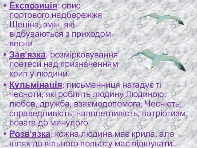 Експозиція: опис портового надбережжя Щеціна, змін, які відбуваються з приходом весни.