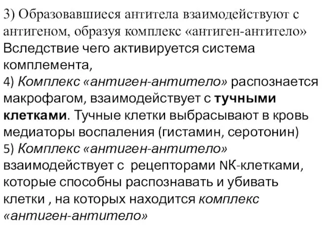 3) Образовавшиеся антитела взаимодействуют с антигеном, образуя комплекс «антиген-антитело» Вследствие чего