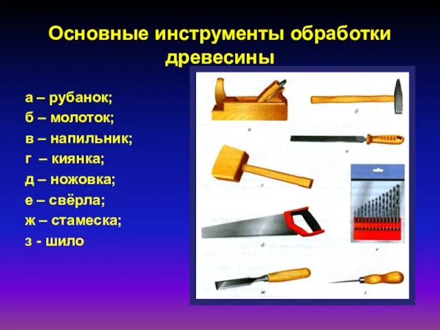 Основные инструменты обработки древесины а – рубанок; б – молоток; в