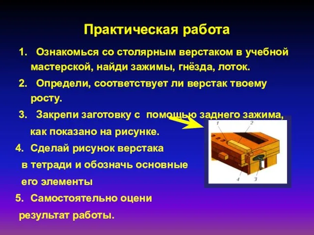 Практическая работа 1. Ознакомься со столярным верстаком в учебной мастерской, найди