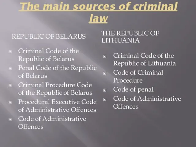 The main sources of criminal law REPUBLIC OF BELARUS THE REPUBLIC