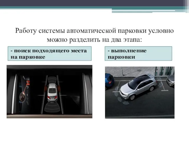 Работу системы автоматической парковки условно можно разделить на два этапа: -