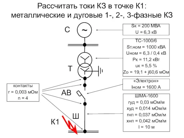 Рассчитать токи КЗ в точке К1: металлические и дуговые 1-, 2-,