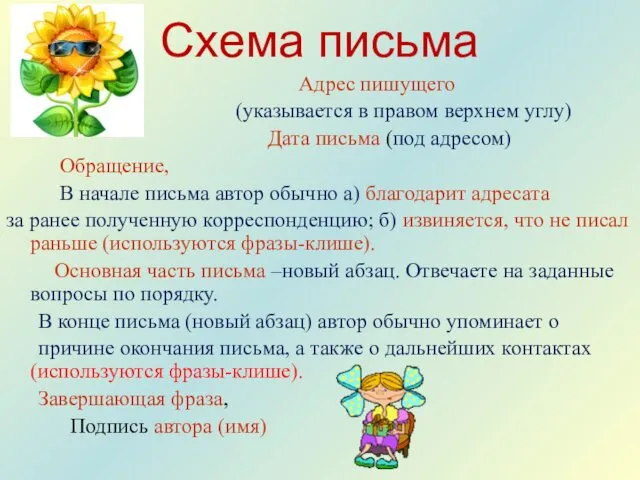 Схема письма Адрес пишущего (указывается в правом верхнем углу) Дата письма