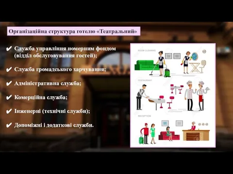 Організаційна структура готелю «Театральний» Служба управління номерним фондом (відділ обслуговування гостей);