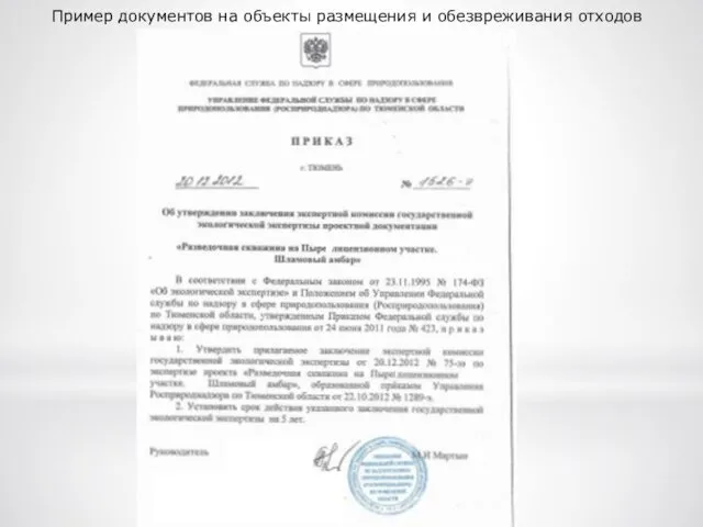 Пример документов на объекты размещения и обезвреживания отходов