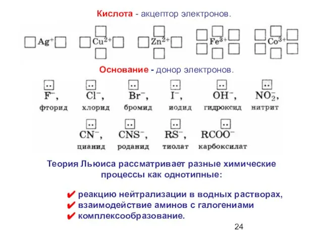 Кислота - акцептор электронов. реакцию нейтрализации в водных растворах, взаимодействие аминов