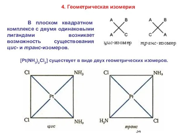 В плоском квадратном комплексе с двумя одинаковыми лигандами возникает возможность существования