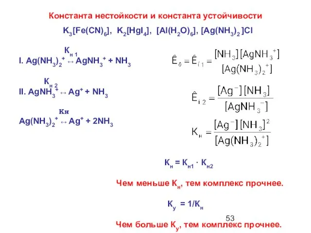 Константа нестойкости и константа устойчивости Кн 1 I. Ag(NH3)2+ ↔ AgNH3+