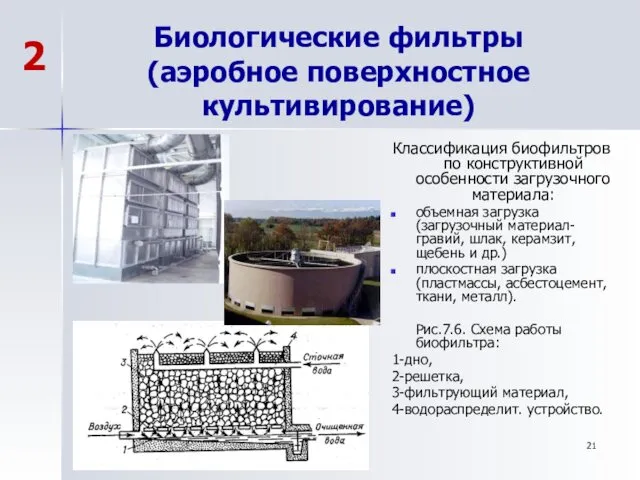 Биологические фильтры (аэробное поверхностное культивирование) Классификация биофильтров по конструктивной особенности загрузочного