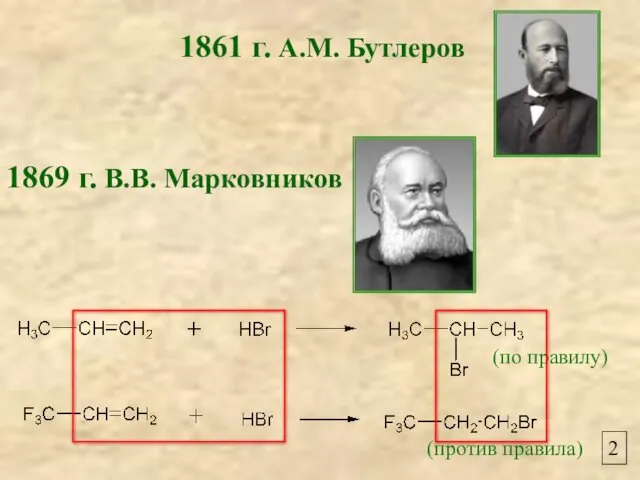 1861 г. А.М. Бутлеров 1869 г. В.В. Марковников 2 (по правилу) (против правила)